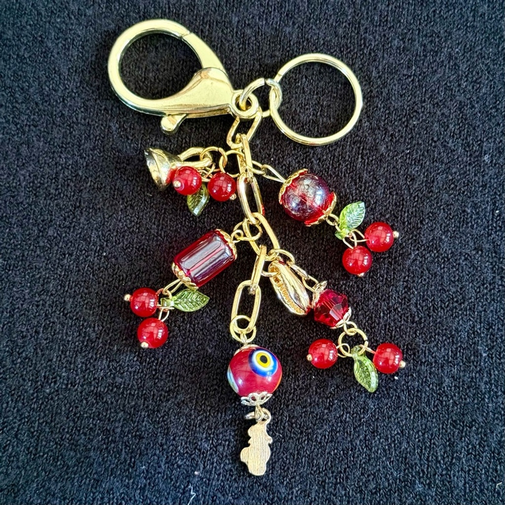NEW Red Cherry Handmade Bag Charm Keychain One of a Kind Beaded Crystal